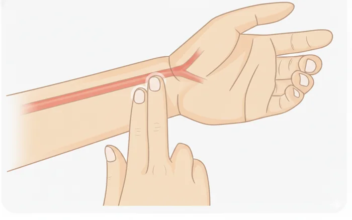Zwei Finger liegen auf der Innenseite des Handgelenks unterhalb des Daumens
