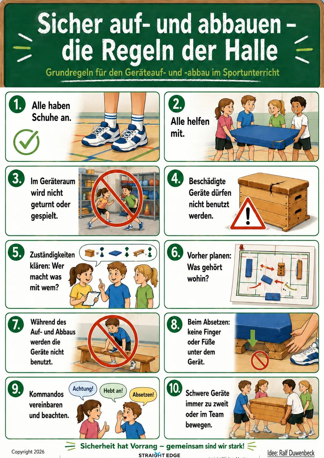 Plakat: Sicher auf- und abbauen – die 10 Regeln der Halle