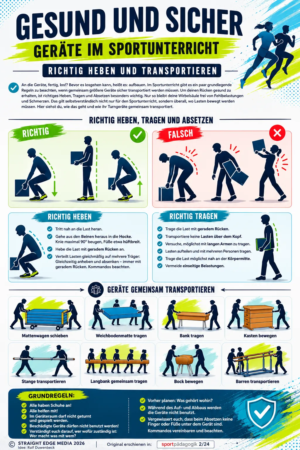 Plakat: Gesund und sicher – Geräte im Sportunterricht. Richtig heben, tragen und transportieren.