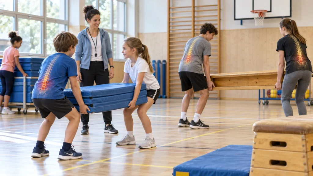 Auf- und Abbau im Sportunterricht: Schülerinnen und Schüler tragen in der Turnhalle gemeinsam eine Turnmatte und eine Langbank, eingeblendet ist die Wirbelsäule