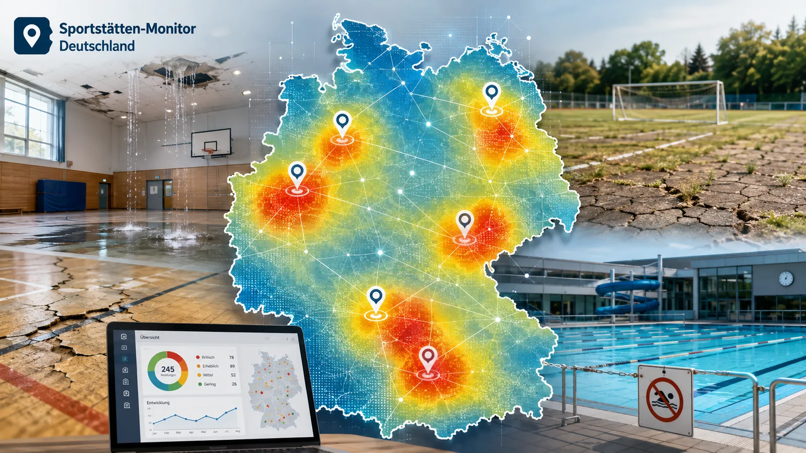Collage zum Sportstättenradar: Deutschlandkarte mit Heatmap der Problemfälle, daneben eine Sporthalle mit Wassereinbruch, ein aufgebrochener Sportplatz und ein Schwimmbad mit Badeverbotsschild.
